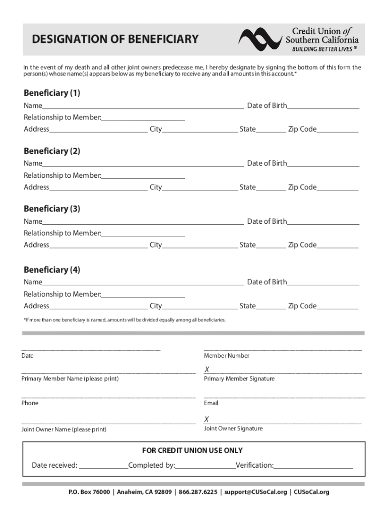 Fillable Online Designation of Beneficiary form Fax Email Print - pdfFiller