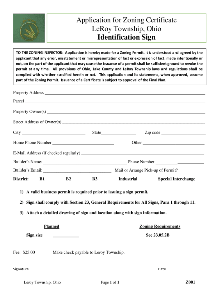 Fillable Online Application for Zoning Certificate LeRoy Township, Ohio