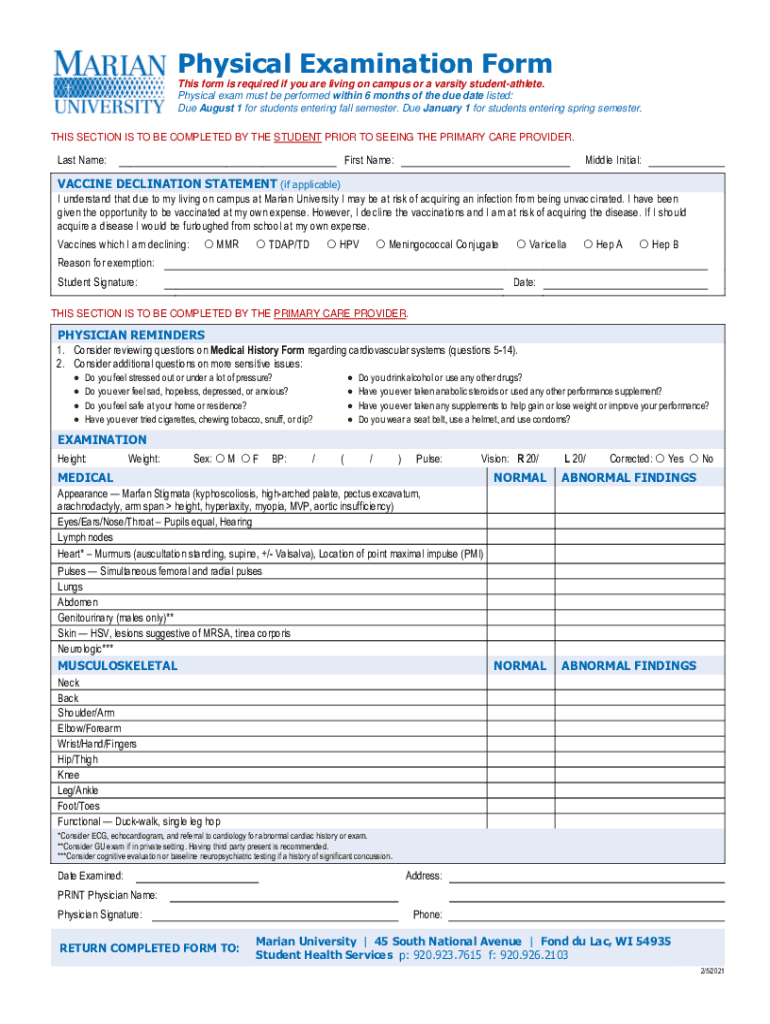 Fillable Online About the Varsity Student Athlete Physical Examination