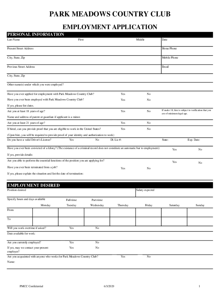 Fillable Online Park Meadows Country Club Careers and Employment Fax