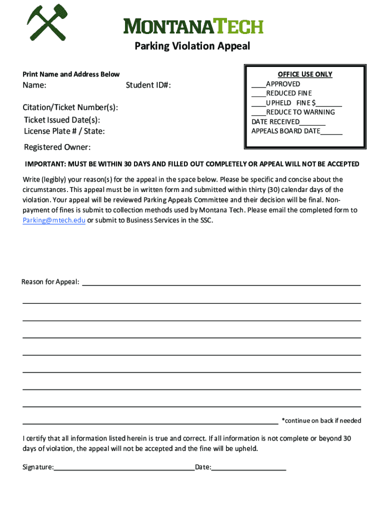 Fillable Online Parking Appeal Form Fax Email Print pdfFiller