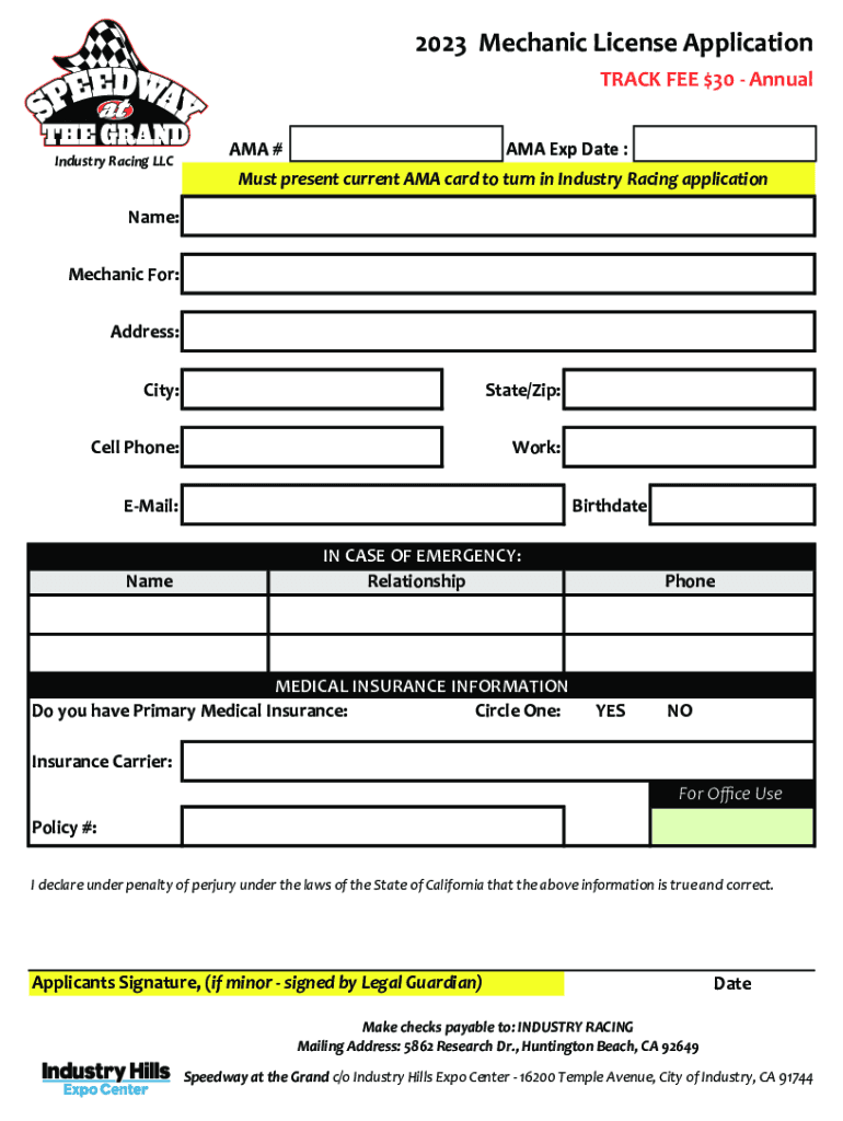 Fillable Online Application for Master Mechanic's License Fax Email