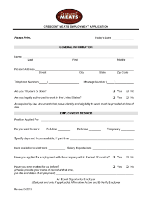 Fillable Online Crescent Meats Employment Application Fax Email Print ...