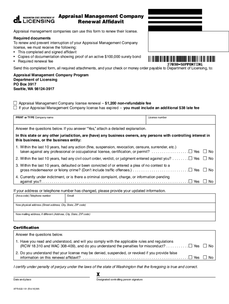 Fillable Online Appraisal Management Company Renewal Affidavit WA DOL