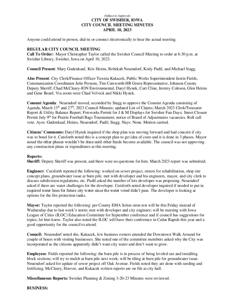 Fillable Online Swisher Library, Swisher, Iowa on April 10, 2023 Fax Email Print pdfFiller