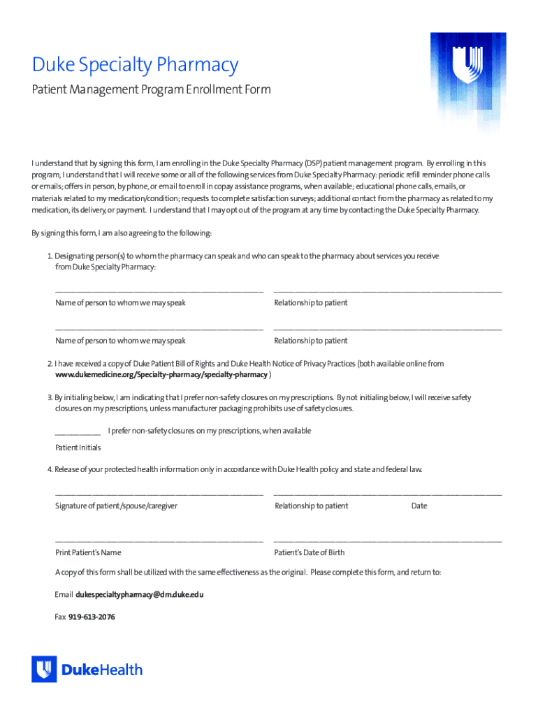 Fillable Online Patient AssistanceDuke Specialty Pharmacy Fax Email