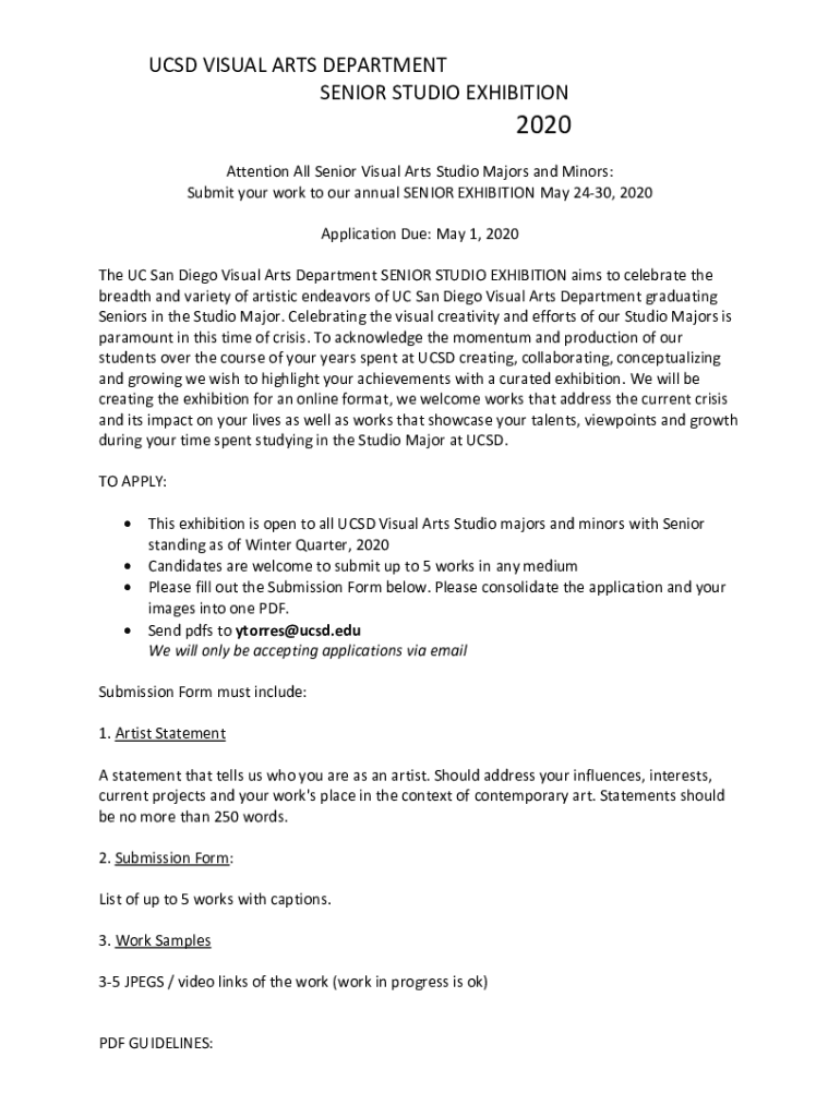 Fillable Online visarts ucsd UCSD VISUAL ARTS DEPARTMENT SENIOR STUDIO