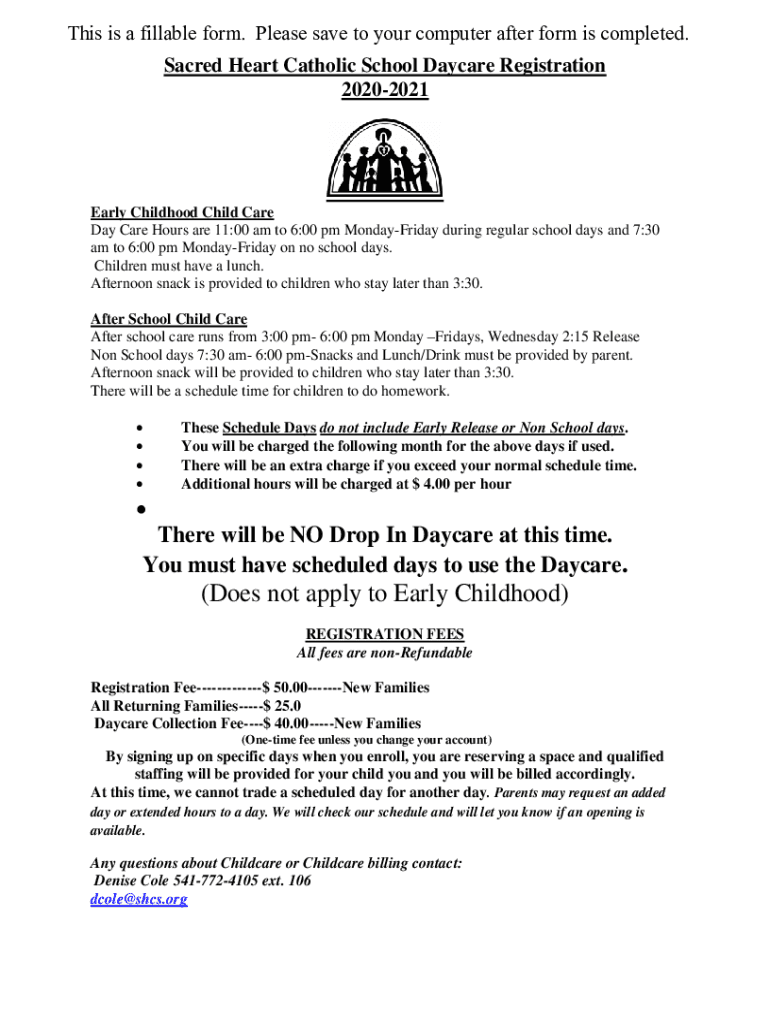 Fillable Online Sacred Heart Catholic School Daycare Registration 2020