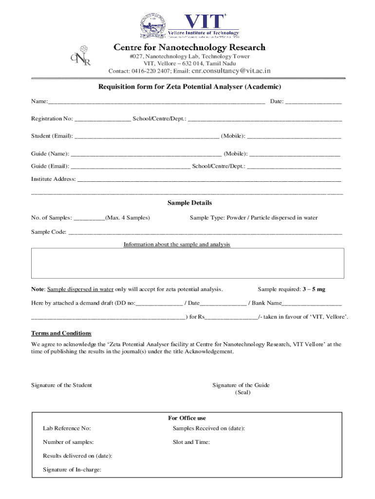 Fillable Online Requisition form for Zeta Potential Analyser (Academic