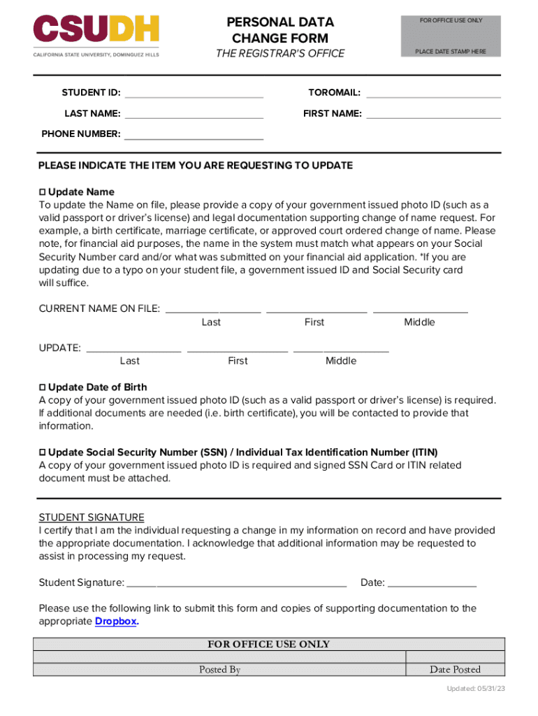 Fillable Online personal data change form the registrar's office Fax