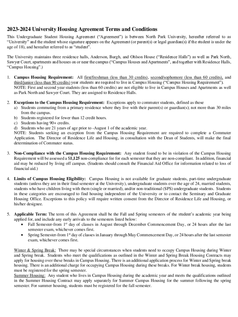 Fillable Online 20232024 University Housing Agreement Terms and