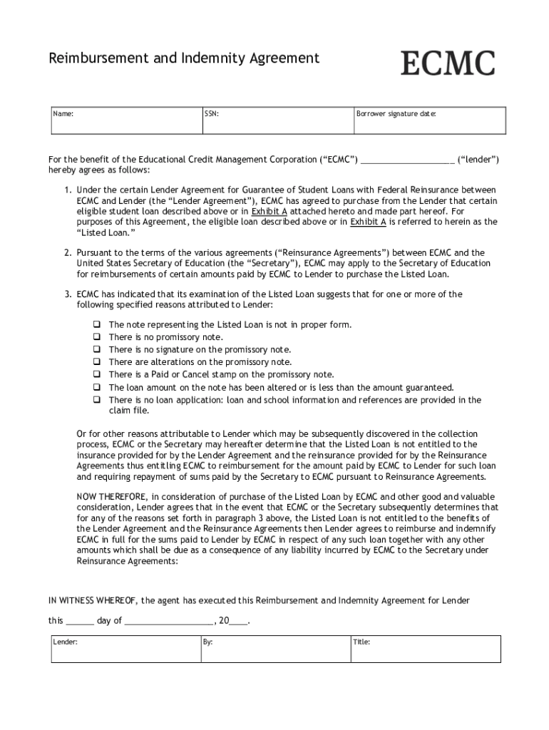 Fillable Online Reimbursement and Indemnity Agreement Fax Email Print