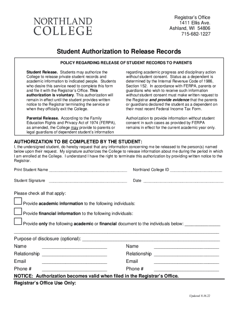 Fillable Online my northland Student Information Release Authorization