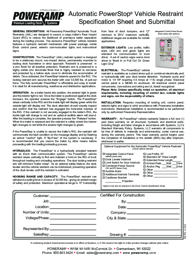 Fillable Online Automatic PowerStop Vehicle Restraint Specification