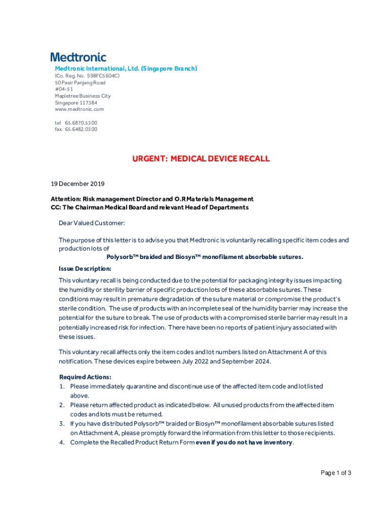 Fillable Online MEDICAL DEVICE RECALL Singapore Fax Email Print