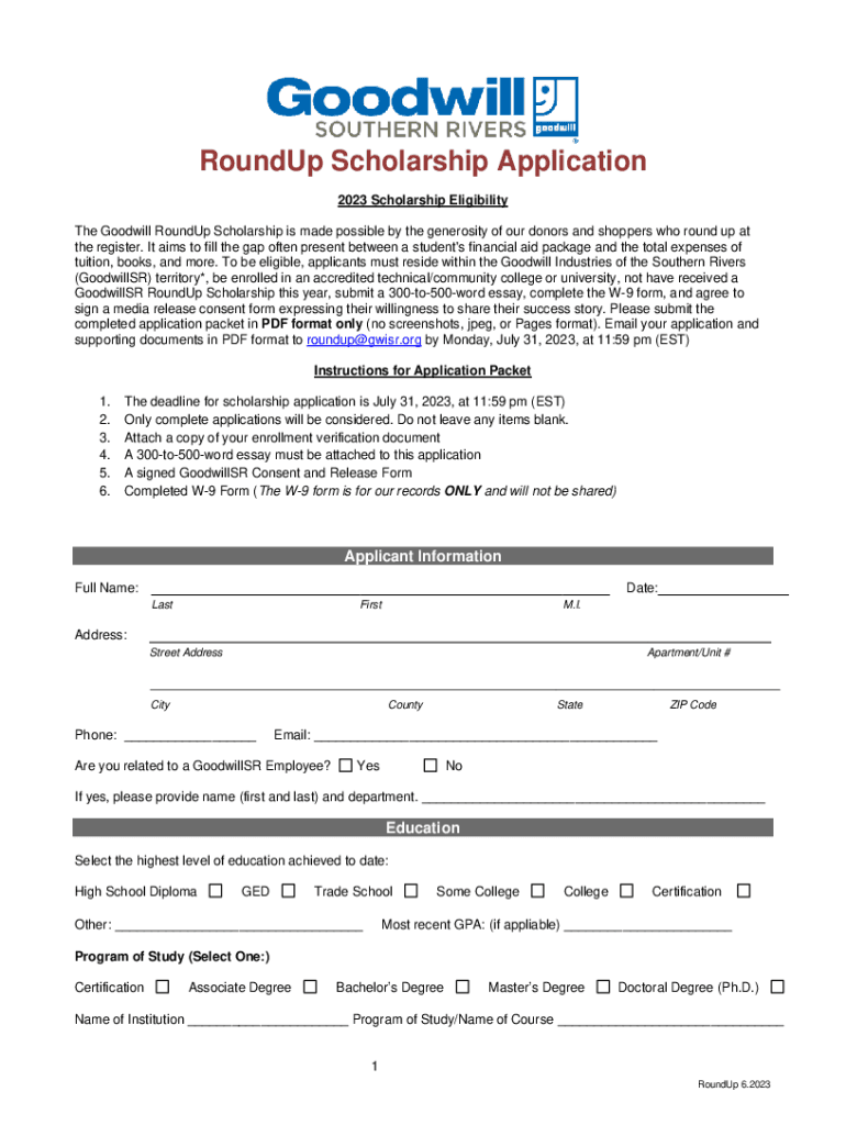 Fillable Online Goodwill RoundUp Scholarship Application 06.2023