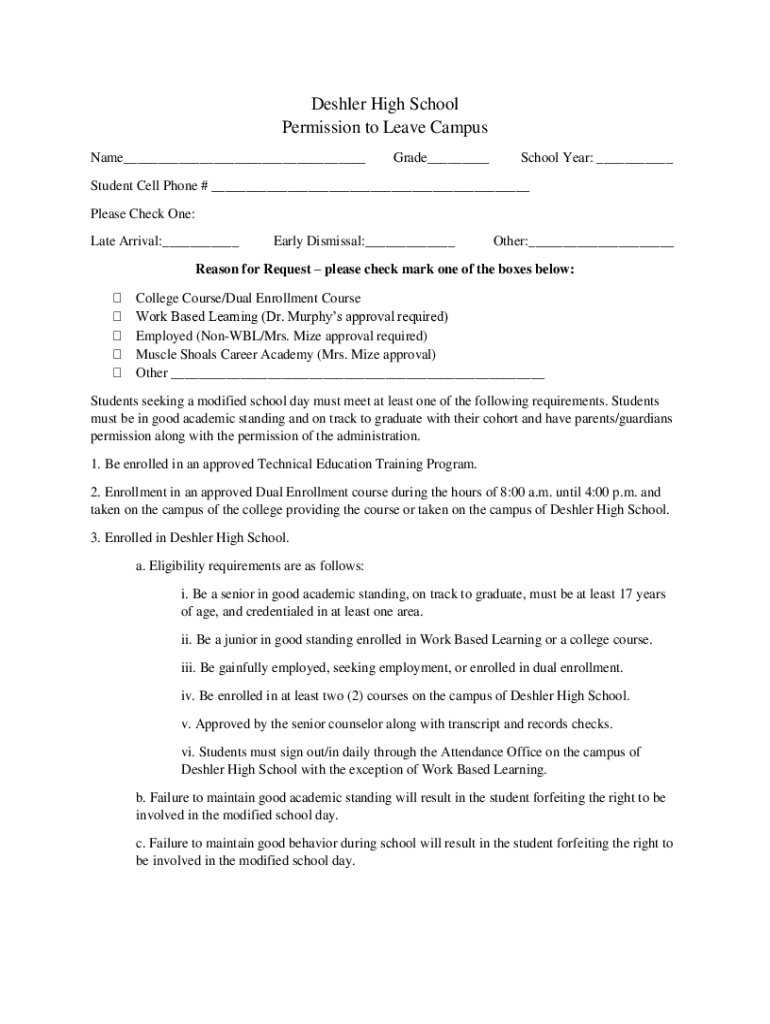 Fillable Online Deshler High School Permission to Leave Campus Fax