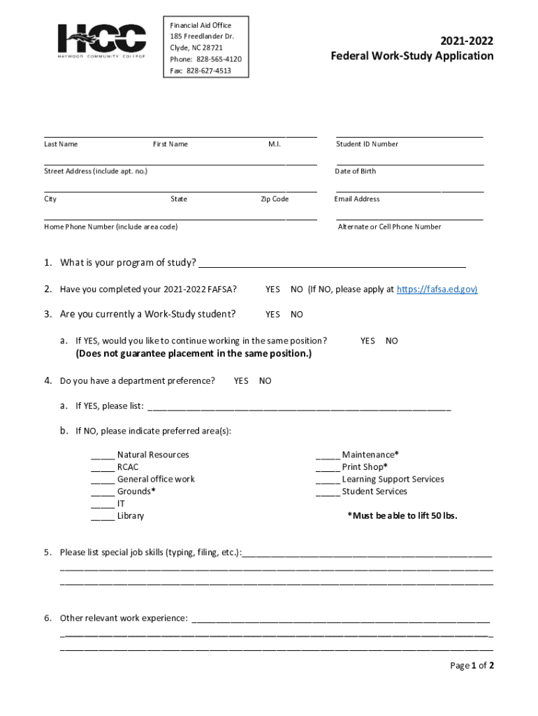 Fillable Online Free fillable Federal WorkStudy Application (Haywood