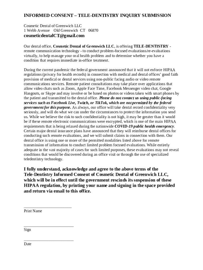 Our dental office , Cosmetic Dental of Greenwich LLC,will be using TELE