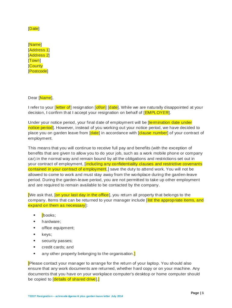 TE037Resignationacknowledgementplusgardenleave Doc Template