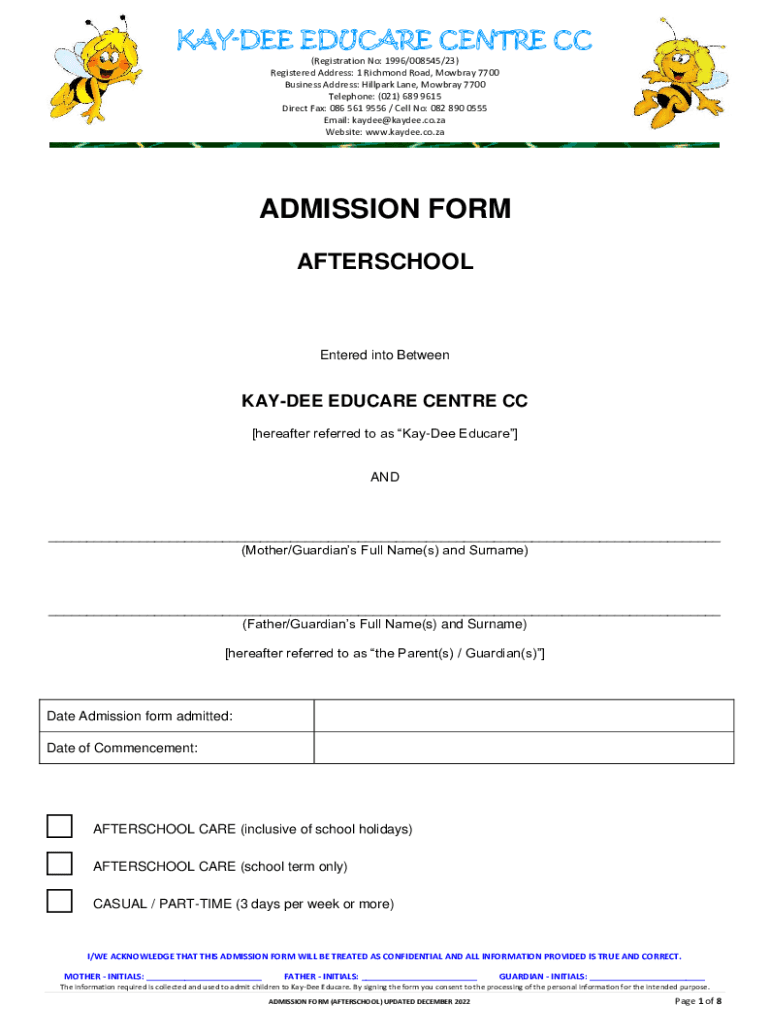 Fillable Online Fillable Online aftercare agreement / registration form