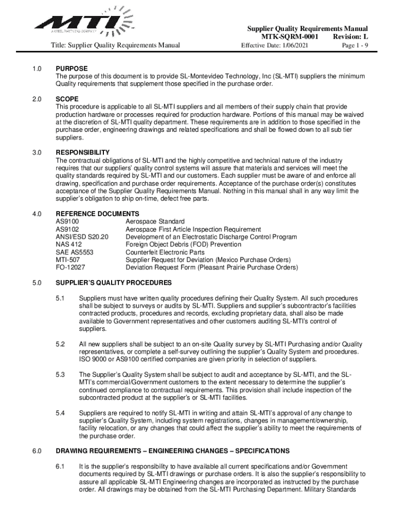 Fillable Online Supplier Quality Requirements Manual MTKSQRM0001
