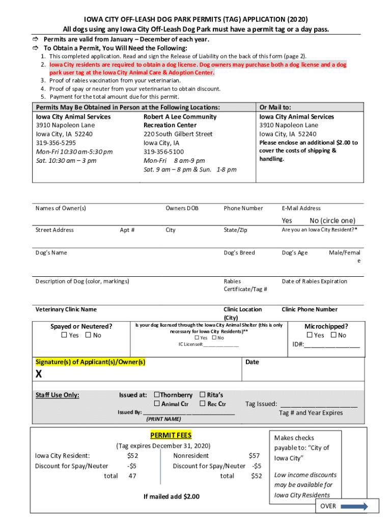 Fillable Online Iowa City OffLeash Dog Park Permits (TAG) Application
