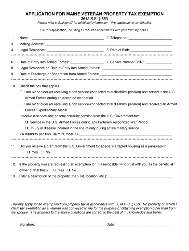 Fillable Online Application for Maine Veteran Property Tax Exemption