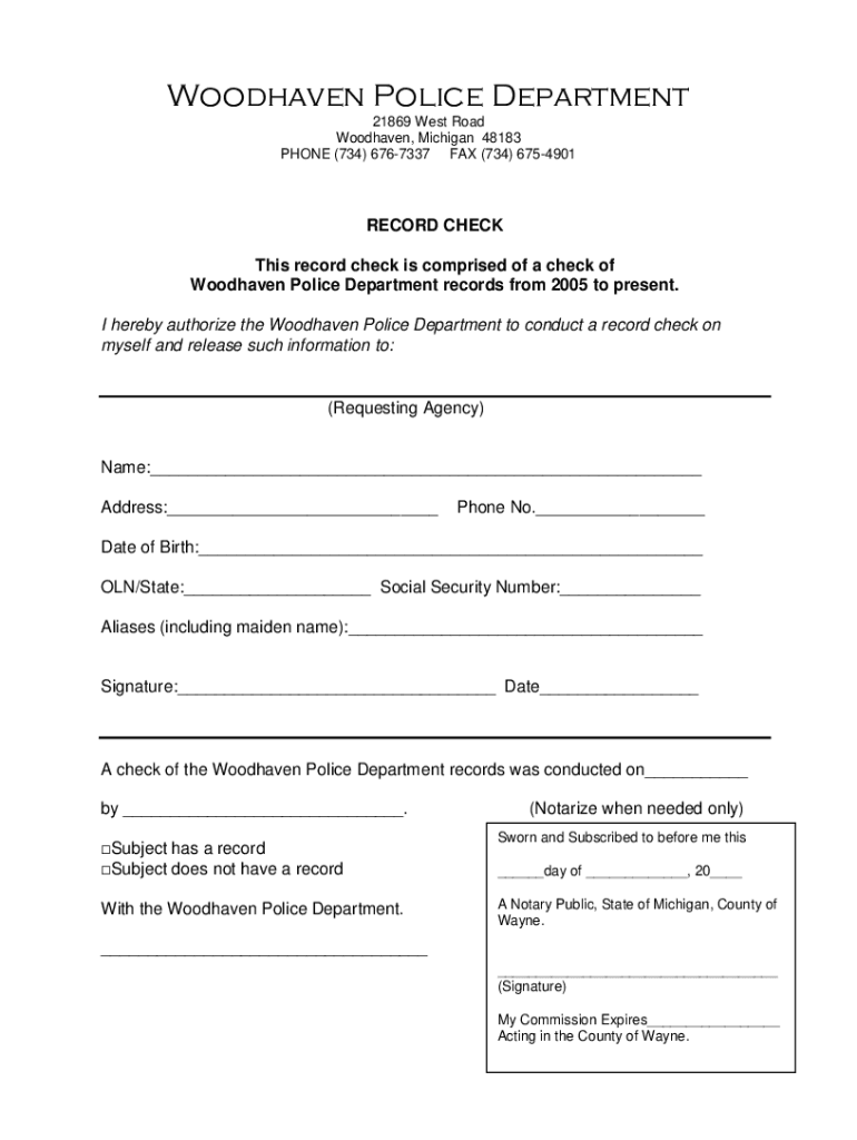 Fillable Online Fillable Online Woodhaven Police Department 21869 West