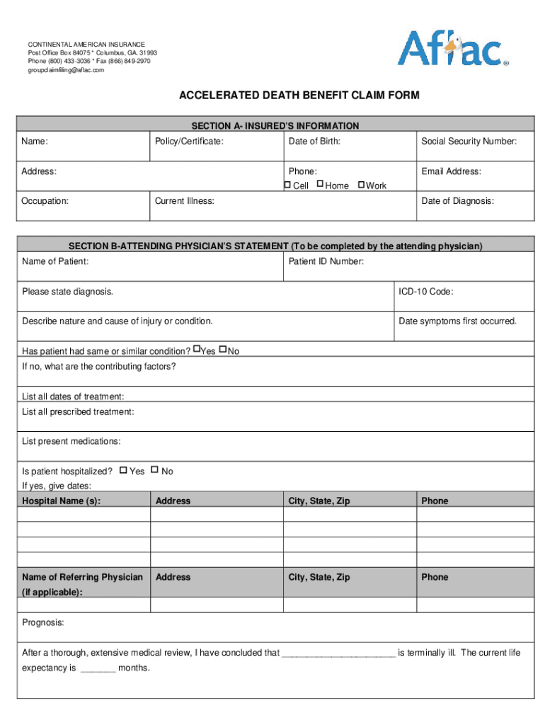 Fillable Online ACCELERATED DEATH BENEFIT CLAIM FORM INSTRUCTIONS Fax