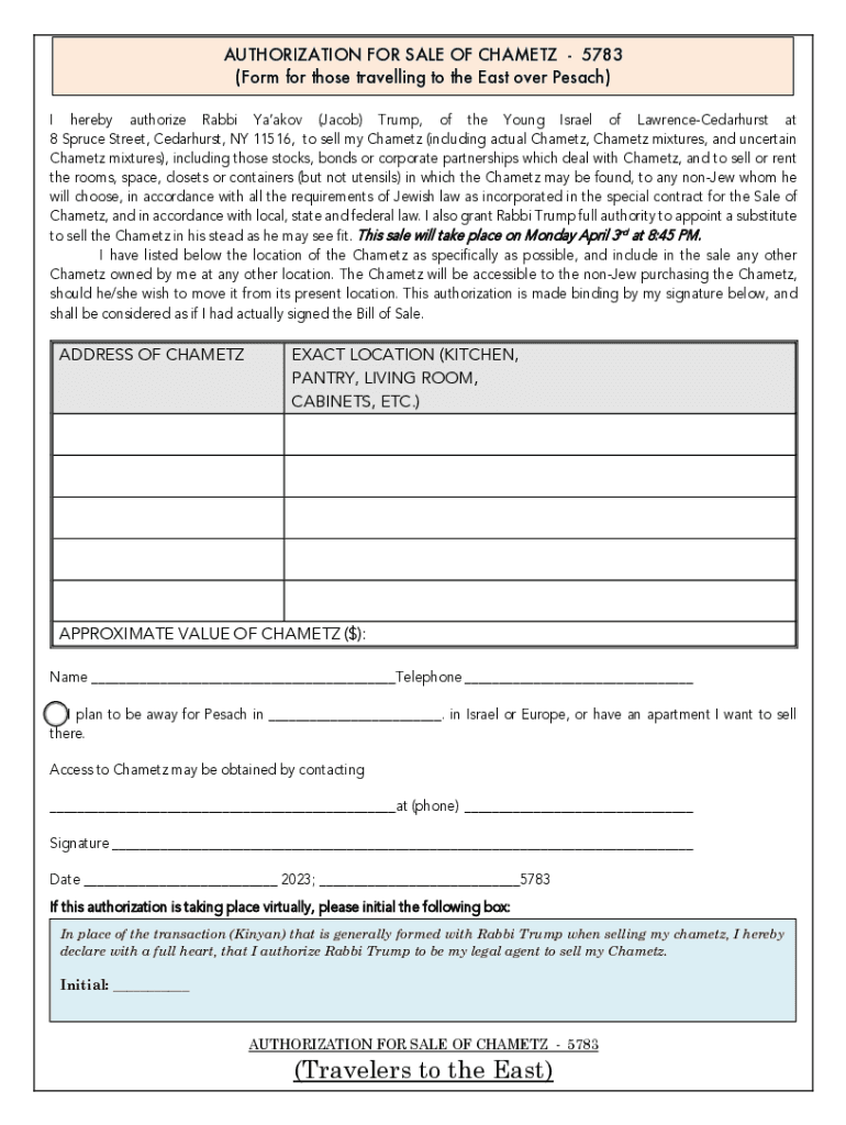 Fillable Online Rabbi Trump EAST Mechiras Chametz Authorization 5783 ...