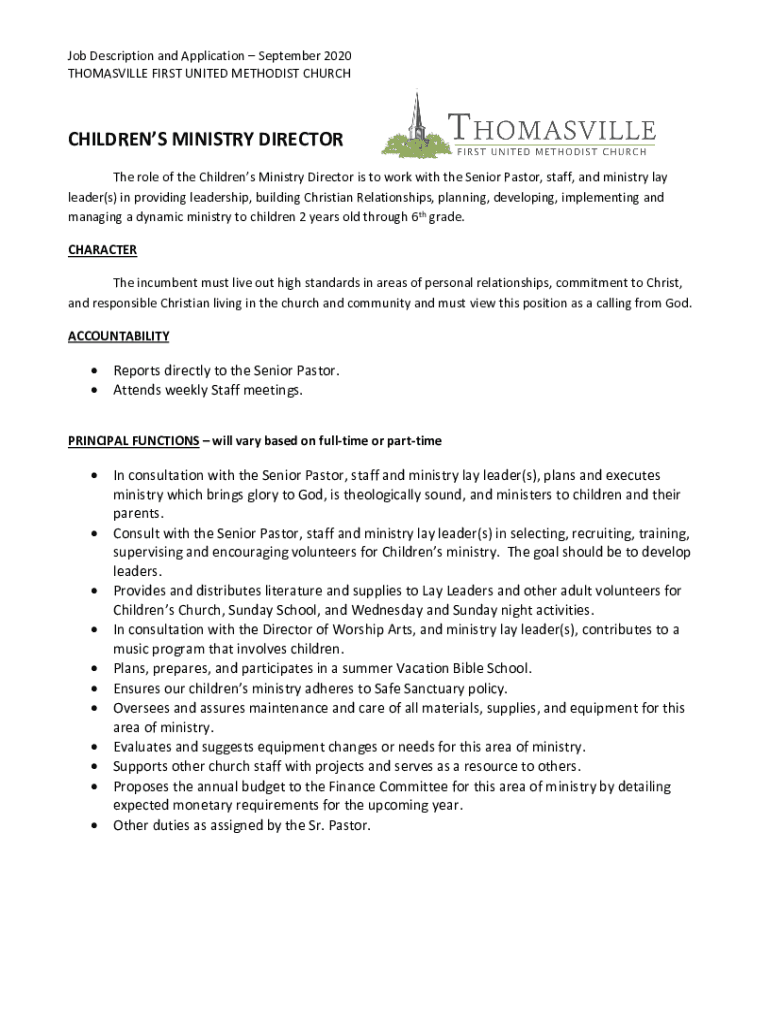 Fillable Online JOB DESCRIPTIONDirector of Children's Ministry (For Fax Email Print pdfFiller