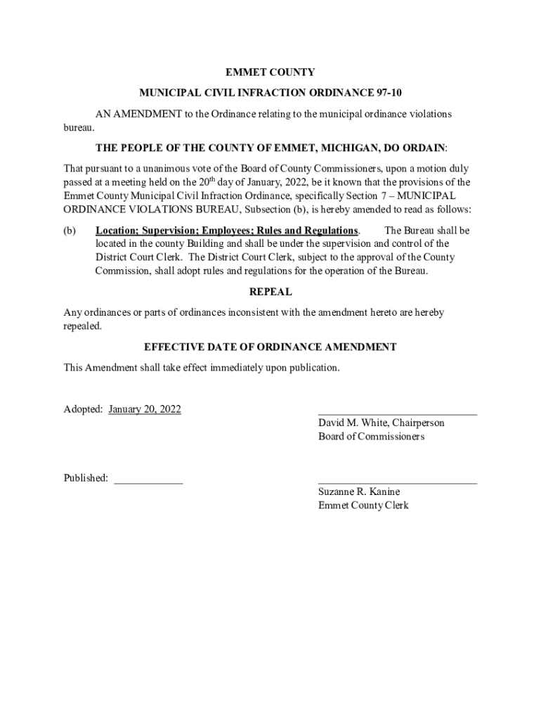 Fillable Online Emmet County Municipal Civil Infraction Ordinance 9710