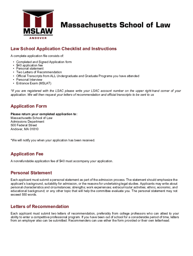 Fillable Online Law School Application Checklist and Instructions Fax