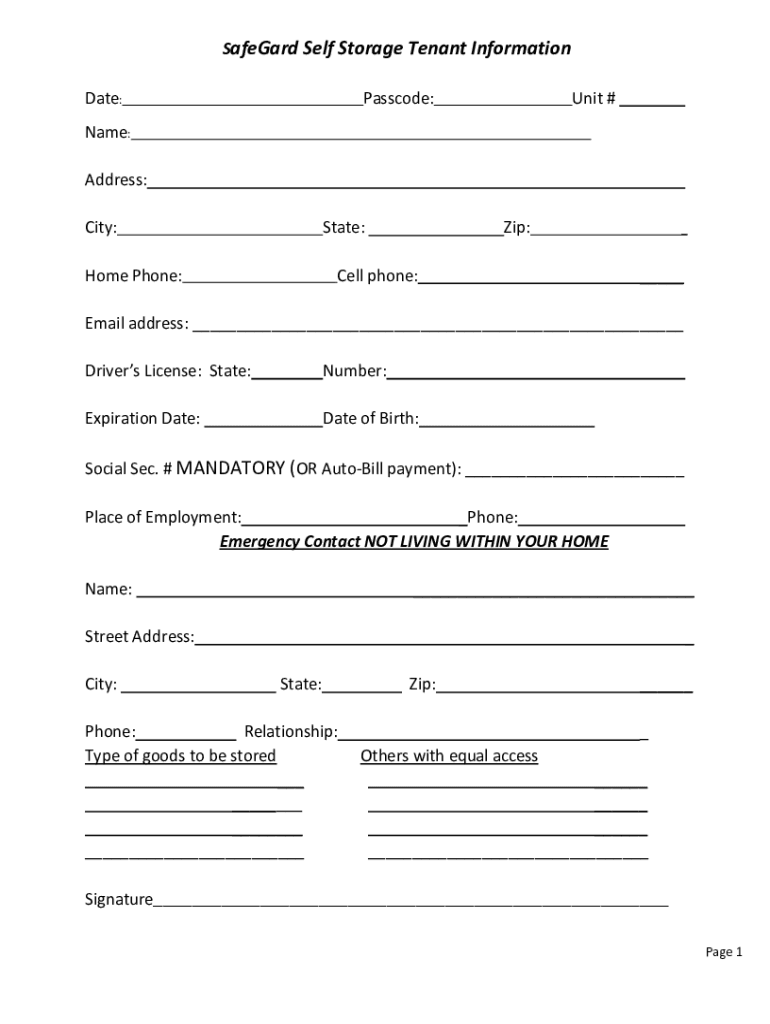Fillable Online SAFEGARD SELF STORAGE RENTAL AGREEMENT Fax Email Print