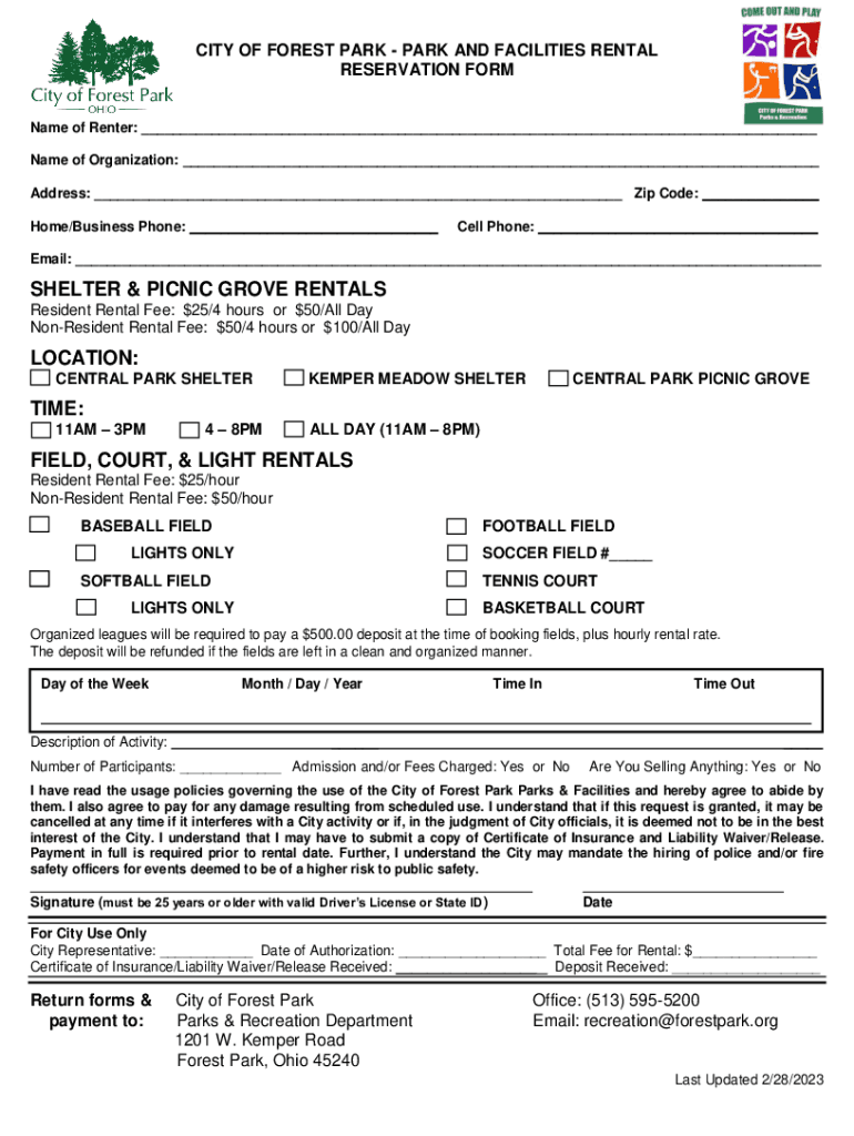 Fillable Online city of forest park park and facilities rental