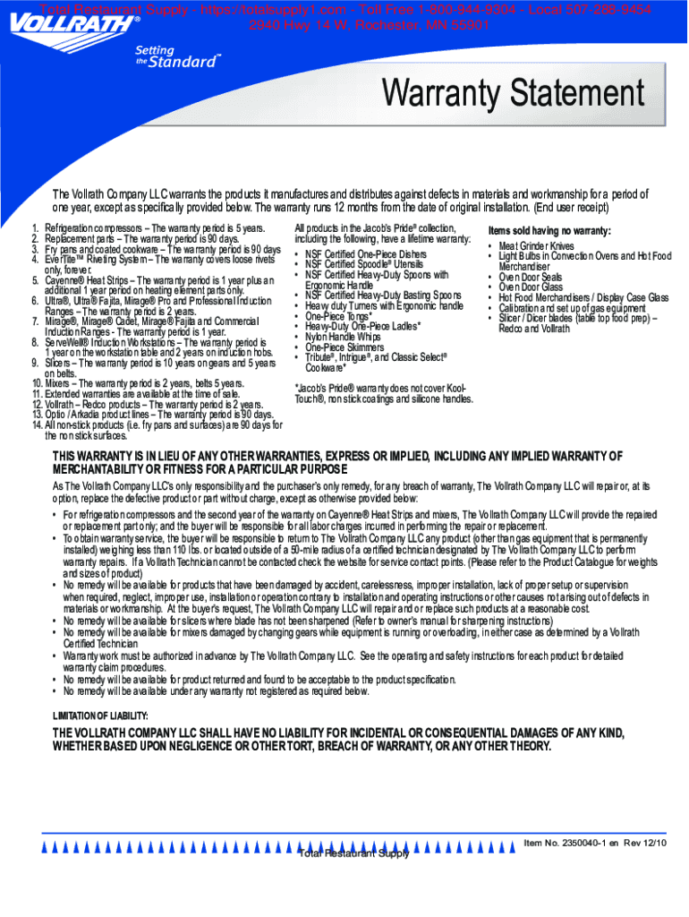 Fillable Online warranty V47093 Total Restaurant Supply Fax Email