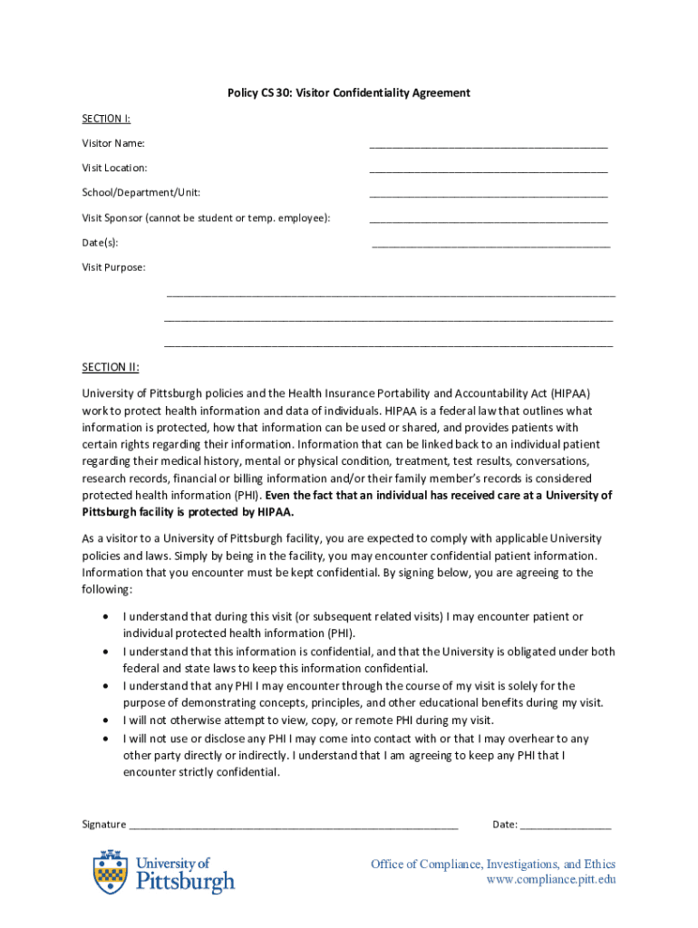 Fillable Online Policy CS 30 Visitor Confidentiality Agreement Fax