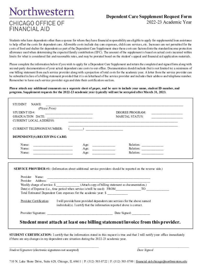 Fillable Online chicagofinancialaid northwestern Dependent Care ...