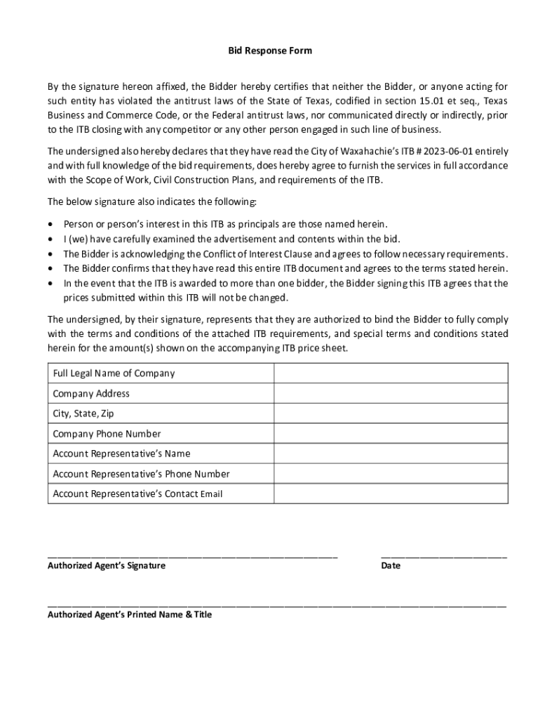 Fillable Online Bid Response Form Fax Email Print - pdfFiller