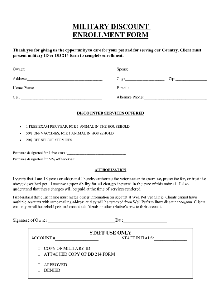 Fillable Online MILITARY DISCOUNT ENROLLMENT FORM Fax Email Print
