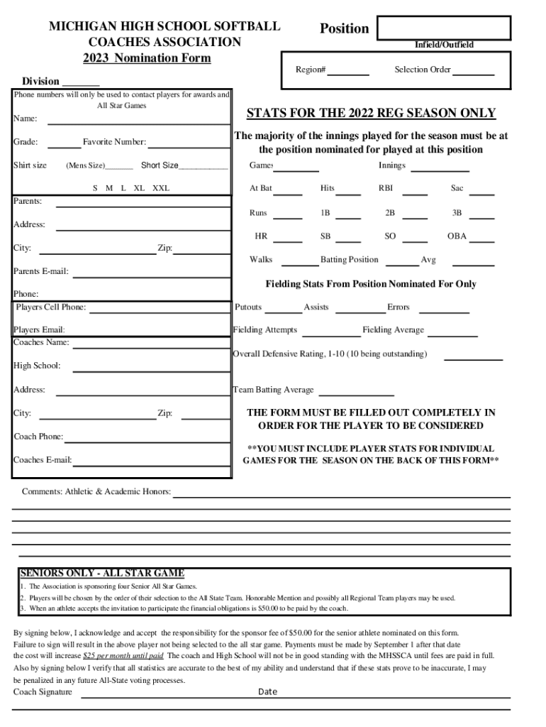 Fillable Online MHSAA Michigan high school AllRegion Softball All