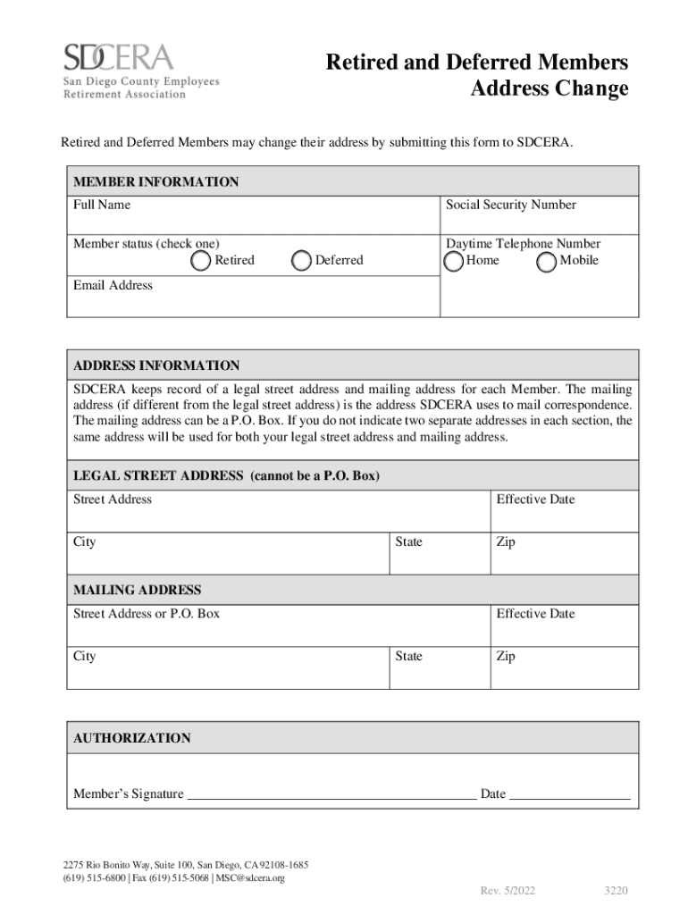 2018-2023 Form CA SDCERA Change of Address Fill Online Preview on Page 1