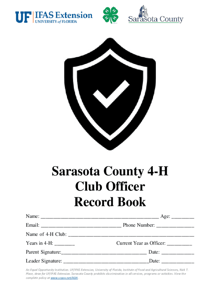 Fillable Online sfyl ifas ufl Sarasota County 4H Club Historian Record