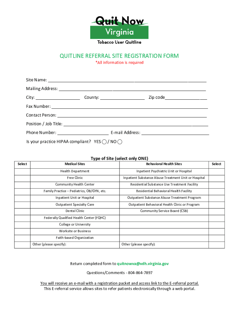 Fillable Online quitline referral site registration form Fax Email ...