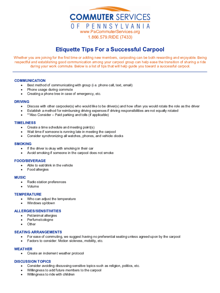 Fillable Online Etiquette Tips For a Successful Carpool Fax Email Print