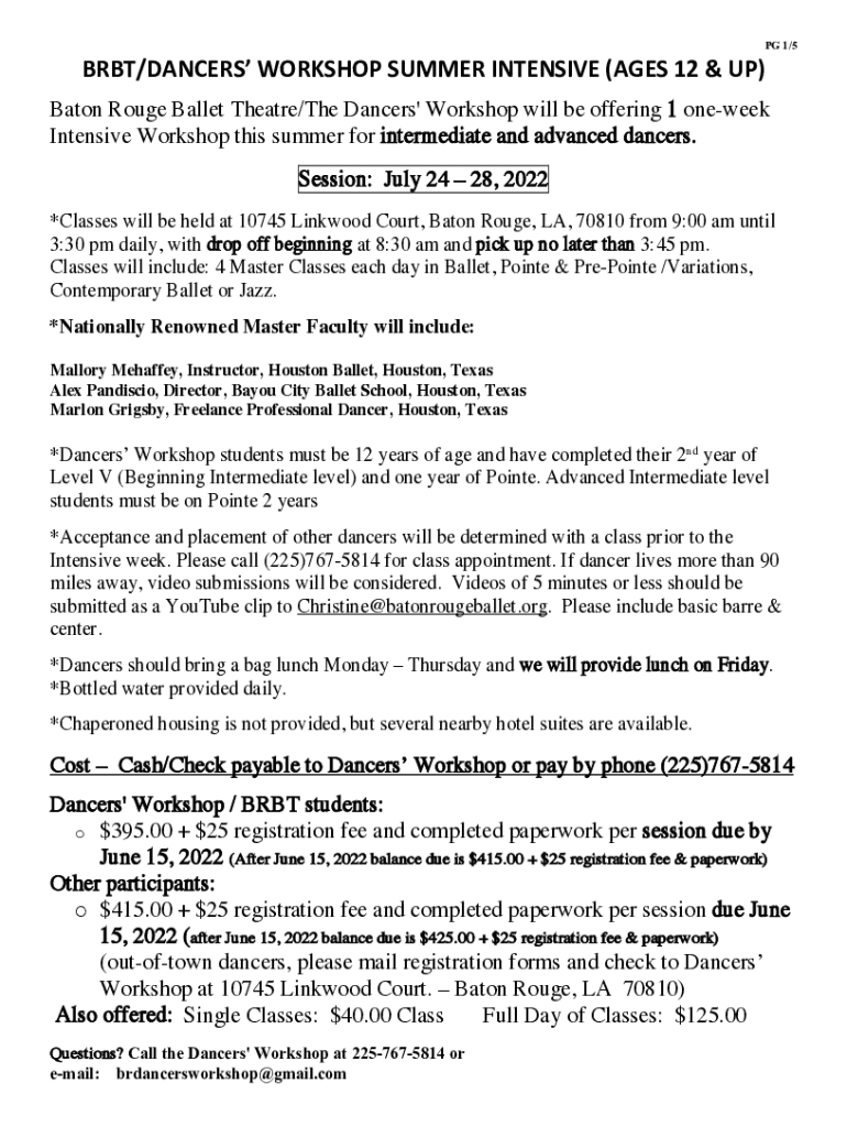 Fillable Online BRBT Summer Intensive - Baton Rouge Ballet Theatre Fax ...
