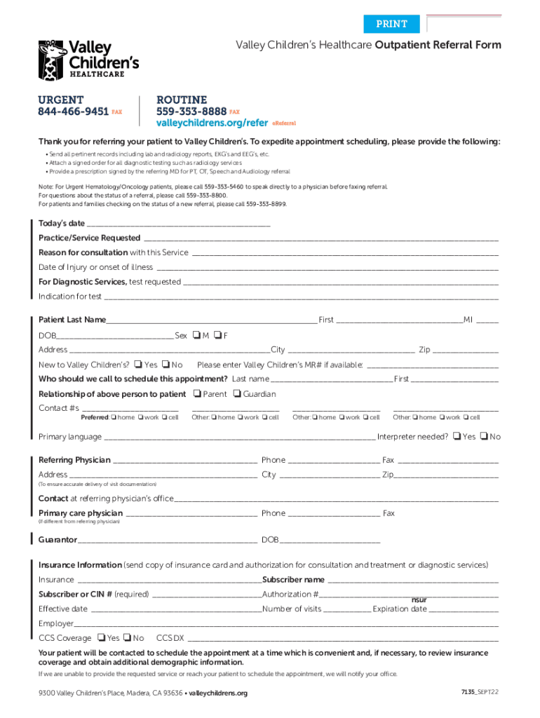 Valley Children's Healthcare Outpatient Referral Form: Fill out & sign ...