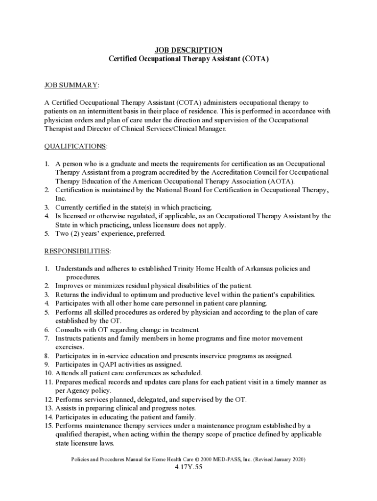 Fillable Online JOB DESCRIPTION Certified Occupational Therapy