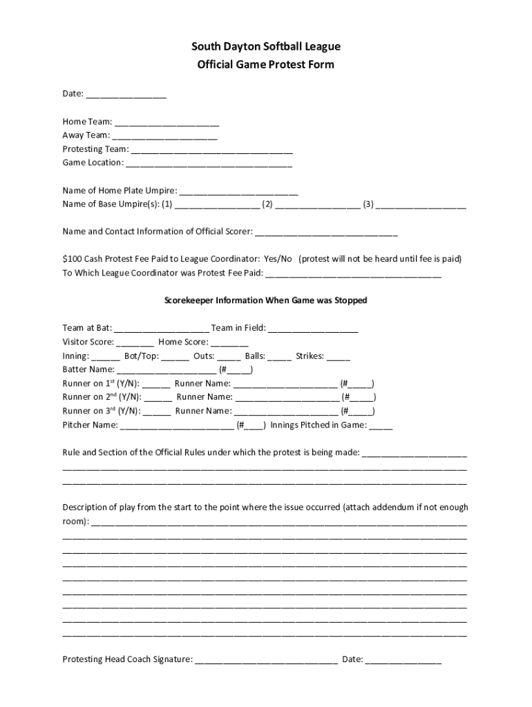 Fillable Online South Dayton Softball League Official Game Protest Form Fax Email Print pdfFiller